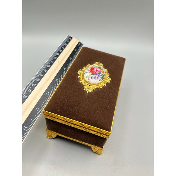 Vintage Gold & Brown Velvet Jewelry Box with Floral Porcelain Accent - Picture 7 of 9